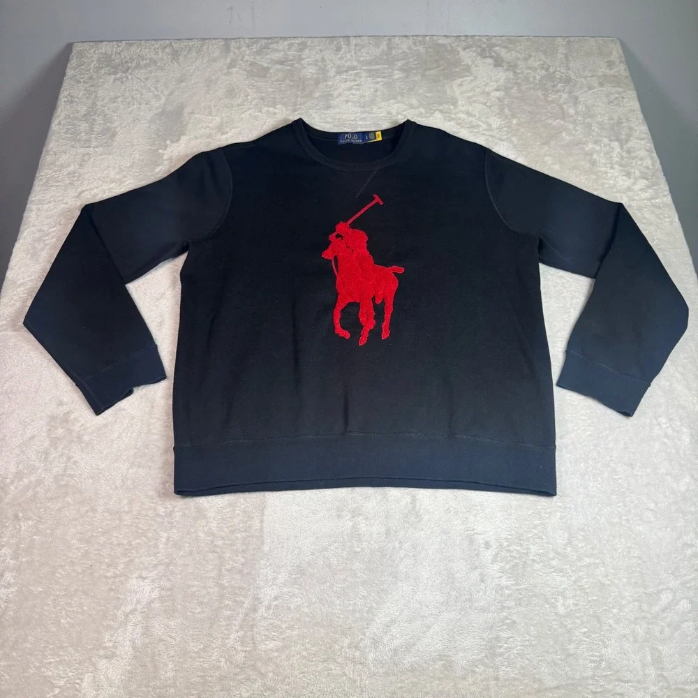 Polo Ralph Lauren Mens Black Big Pony Red Chenille Logo Crewneck Sweatshirt L
